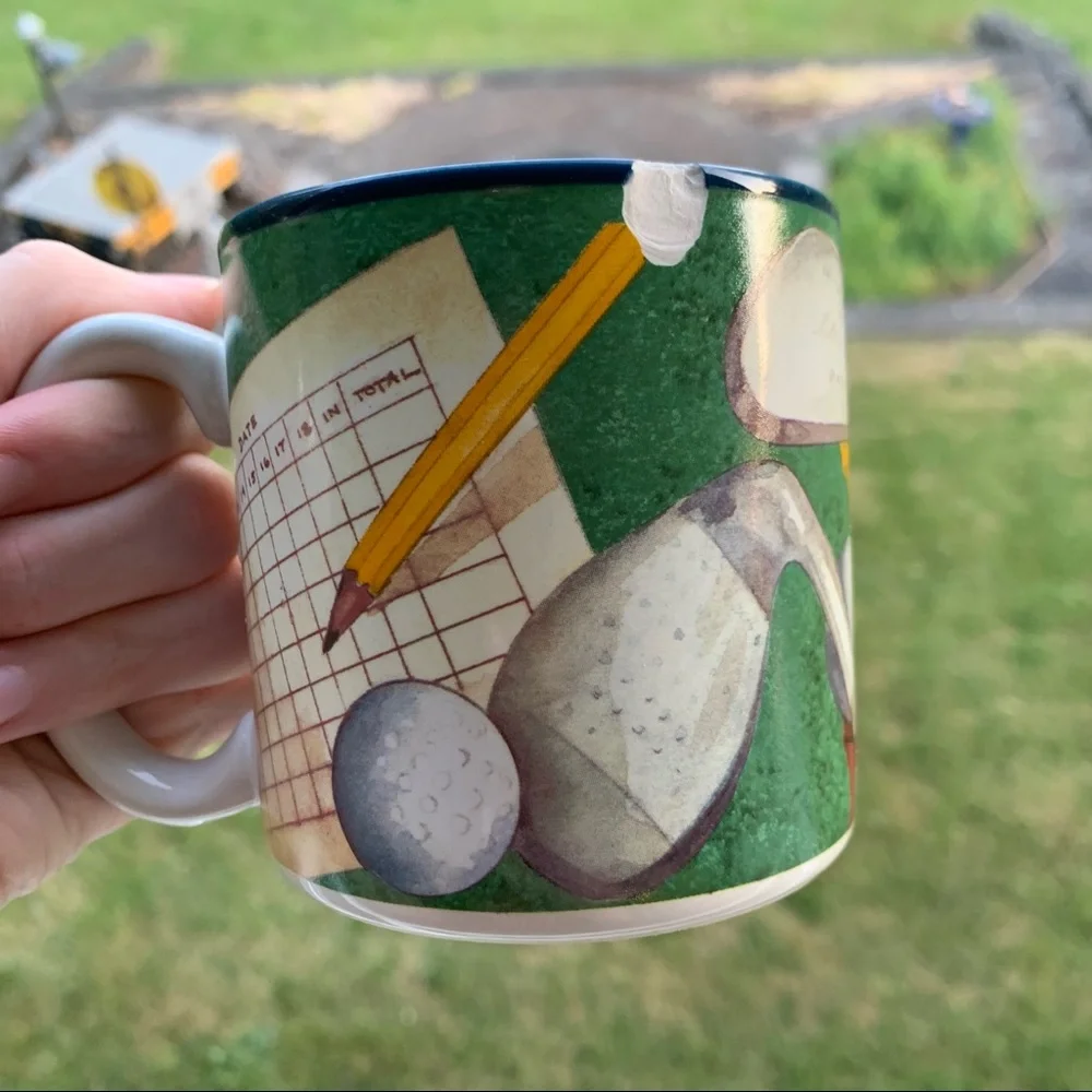 Vintage “Golf’s my game” Potpourri Press Golfing mug 1992 Ceramic // green/blue